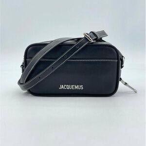 Jacquemus Black Leather Crossbody Camera Bag with Contrast Stitching